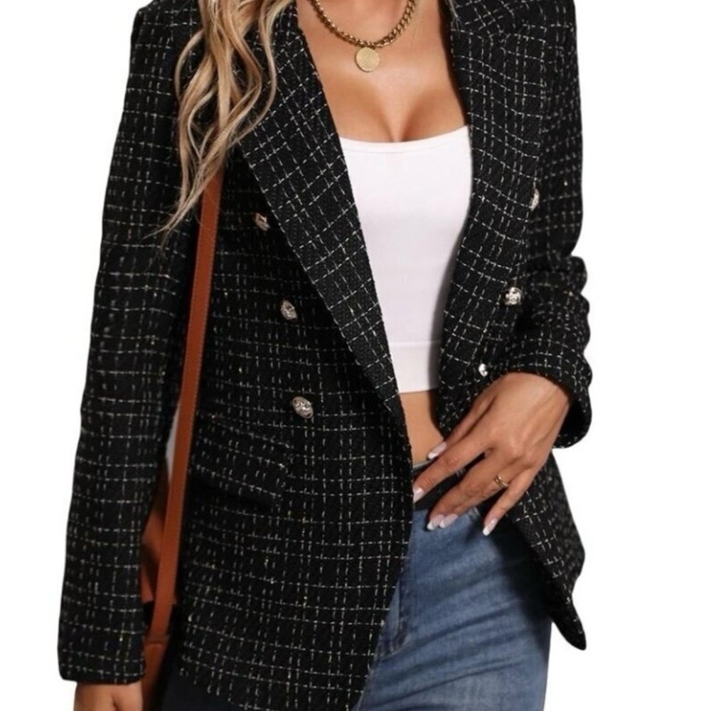 Mina Self Black and Metallic Tweed Double Breasted Blazer. Size S